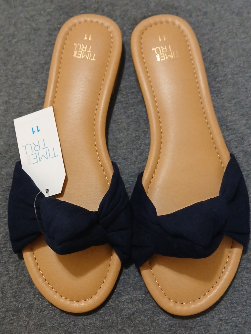 Time and Tru Navy Knot-Front Slide Sandals with Tan Footbed
